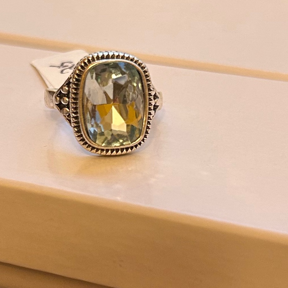Size 8.25 Silver Tone & Very Light Greenish-Colorless Diamond CZ Gemstone Ring